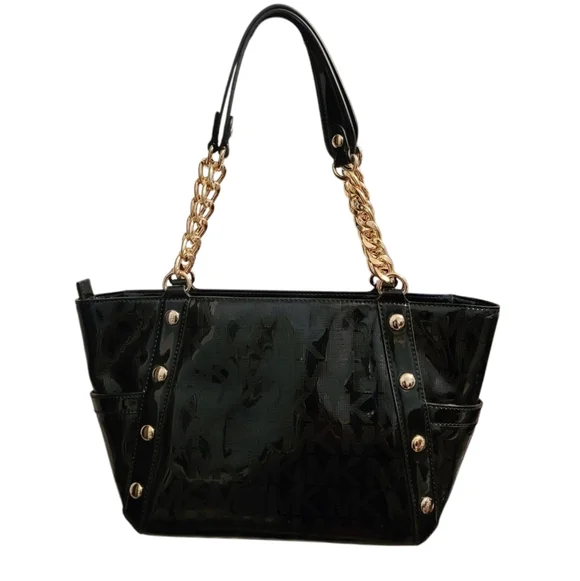 MICHAEL KORS NWT Delancy Signature Black Patent Leather Shoulder Tote Medium - Picture 2 of 16